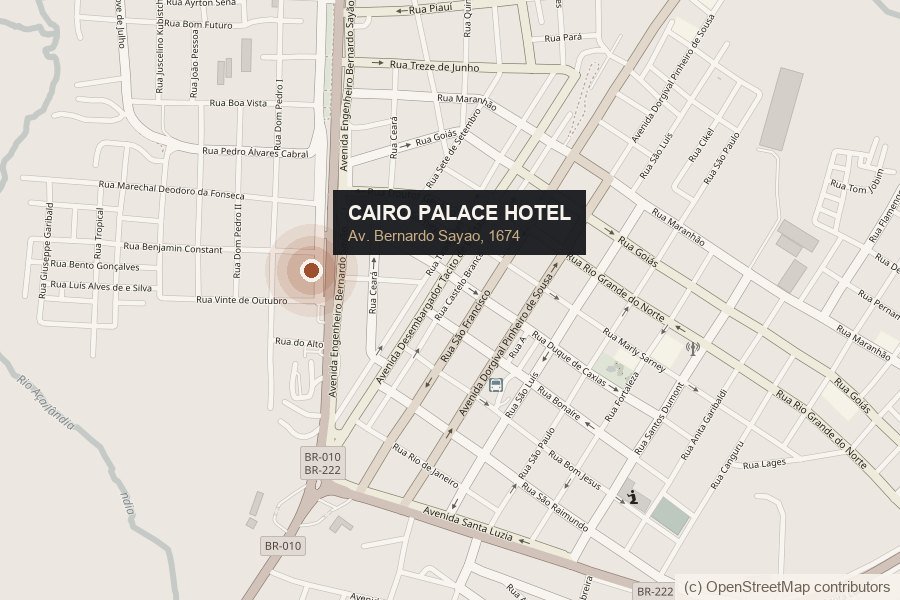 Mapa do centro de Açailândia mostrando o Cairo Palace Hotel na Avenida Bernardo Sayão, com o entroncamento das rodovias BR-010 e BR-222 logo ao sul.